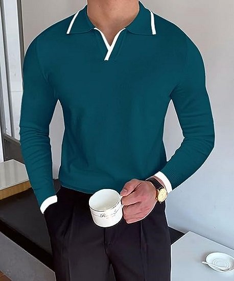 Mens Polo Sweater Long Sleeve Knitted Slim Fit Pullover V-Neck Casual Striped Knitwear Tops