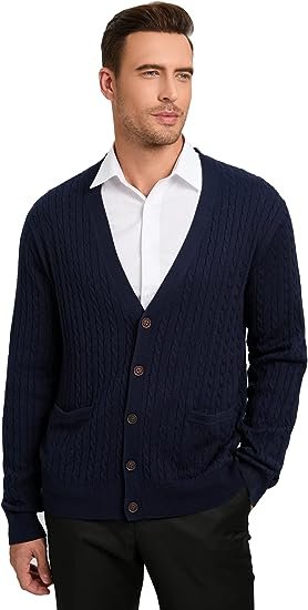 Men's Wool Blended Cardigan Sweaters V Neck Button Down Cardigans with Pockets