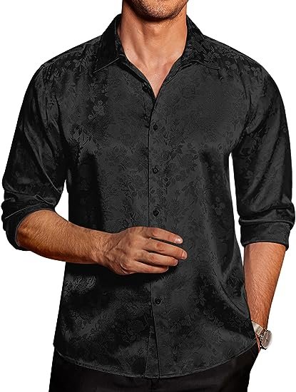 Men's Silk Satin Dress Shirts Long Sleeve Floral Button Up Shirts