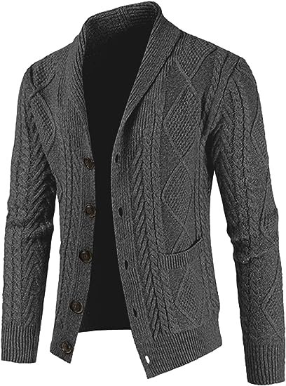 Men's Casual Long Sleeve Shawl Collar Collar Buttons Down Cable Knit Cardigan Sweater with Pockets